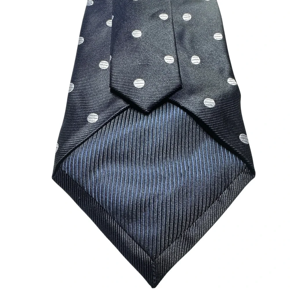 Oleg Cassini Mens Silk Necktie Navy Blue Silver Polka Dot Hand‎ Made Classic Tie